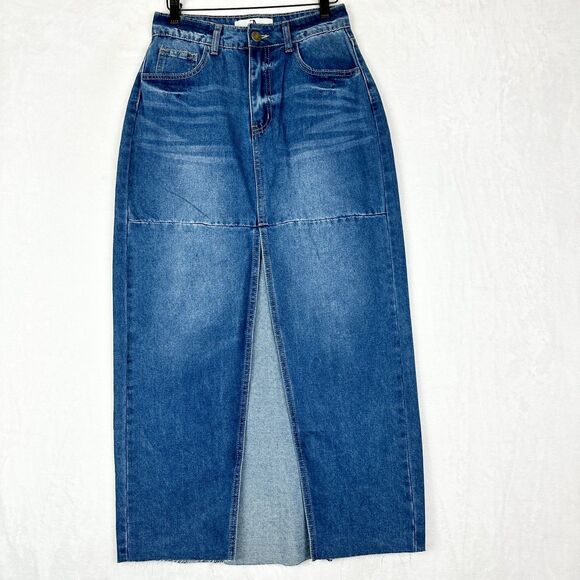 Flying Angel Slit Denim Maxi Skirt Size 27 Y2K Western Boho Stretch Medium Wash - Picture 1 of 6